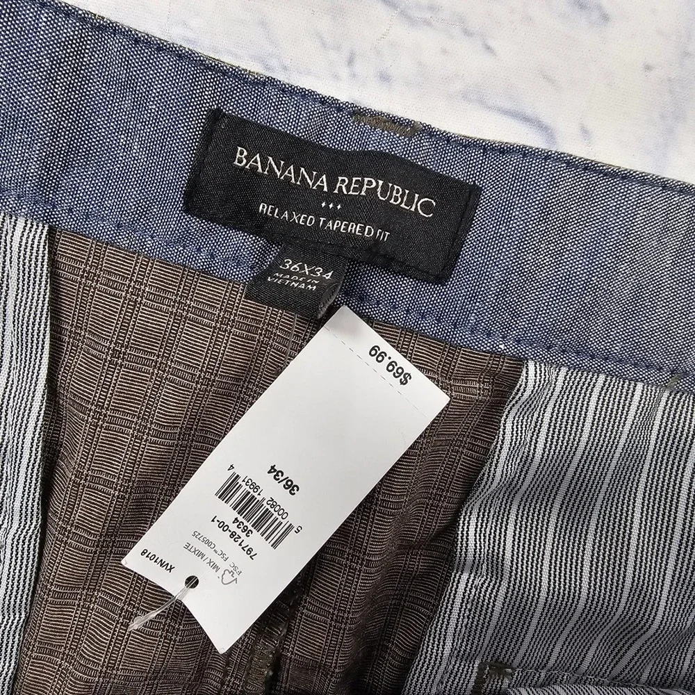 Banana Republic Trousers MENS 36x34 Brown Relaxed Tapered Fit Micro-Check Pants